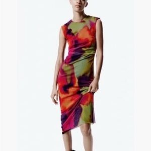 NWT Zara Tulle Colorful Abstract Midi Dress